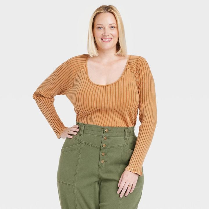 Women's Plus Size Slim Fit Long Sleeve Ribbed T-shirt - Knox Rose Brown