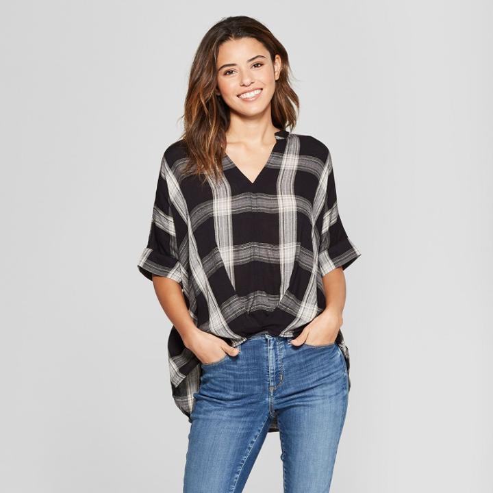 Target Women's Wrap Front Plaid Blouse - Universal Thread Black