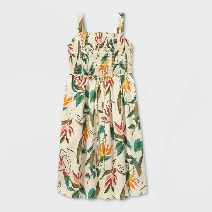 Women's Plus Size Floral Print Smocked Tank Dress - Ava & Viv Cream X, Ivory