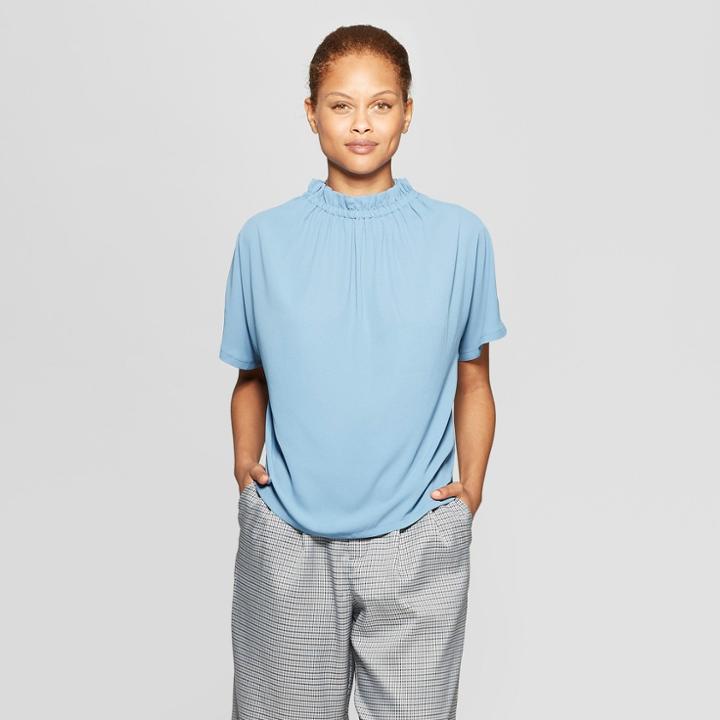 Women's Short Sleeve Elastic Neck Blouse - Prologue Blue