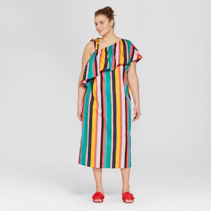 Women's Plus Size Striped Off The Shoulder Ruffle Midi Dress - Who What Wear Yellow/green X, Orange