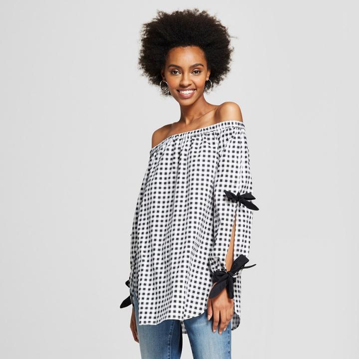 Women's Gingham Off The Shoulder Tie Sleeve Top - Xoxo (juniors') Black M,