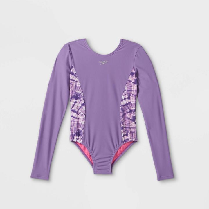 Speedo Girls' Splice Print Tie-dye Long Sleeve One Piece Rash Guard - Purple