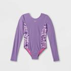 Speedo Girls' Splice Print Tie-dye Long Sleeve One Piece Rash Guard - Purple