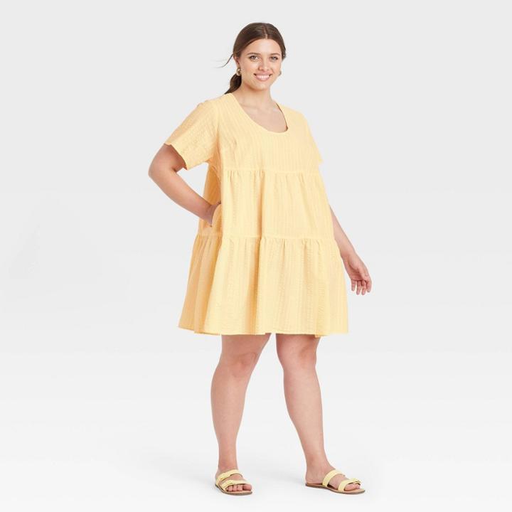 Women's Plus Size Short Sleeve Tiered Dress - A New Day Light Yellow