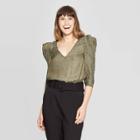 Petitewomen's Leopard Print Elbow Short Sleeve V-neck Regular Fit Blouse - A New Day Olive Xxl, Women's, Green