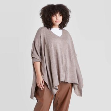Women's Plus Size V-neck Poncho Sweater - A New Day Walnut Heather One Size, Grey/brown