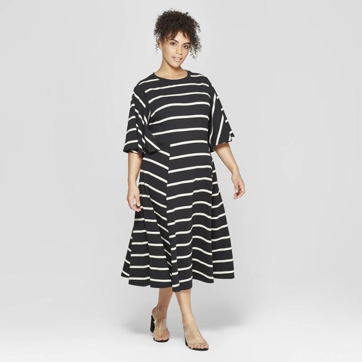 Women's Plus Size Striped Bell Sleeve A-line Dress - Who What Wear Black/white X
