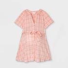 Maternity Plaid Short Sleeve Button-down With Tie Waist Woven Popover Top - Isabel Maternity By Ingrid & Isabel Coral