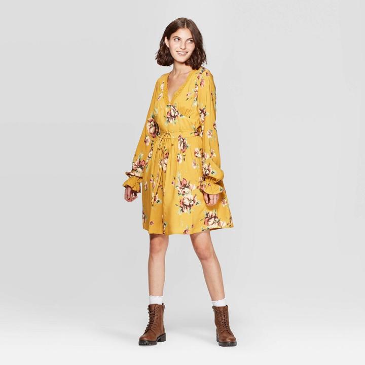 Women's Floral Print Long Sleeve Deep V-neck Waist Tie Mini Dress - Xhilaration Mustard Xs, Women's, Yellow