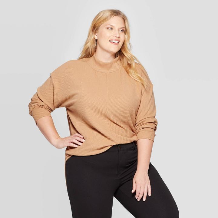 Women's Plus Size Long Sleeve Turtleneck Directional Rib Tunic - Ava & Viv Tan X, Women's