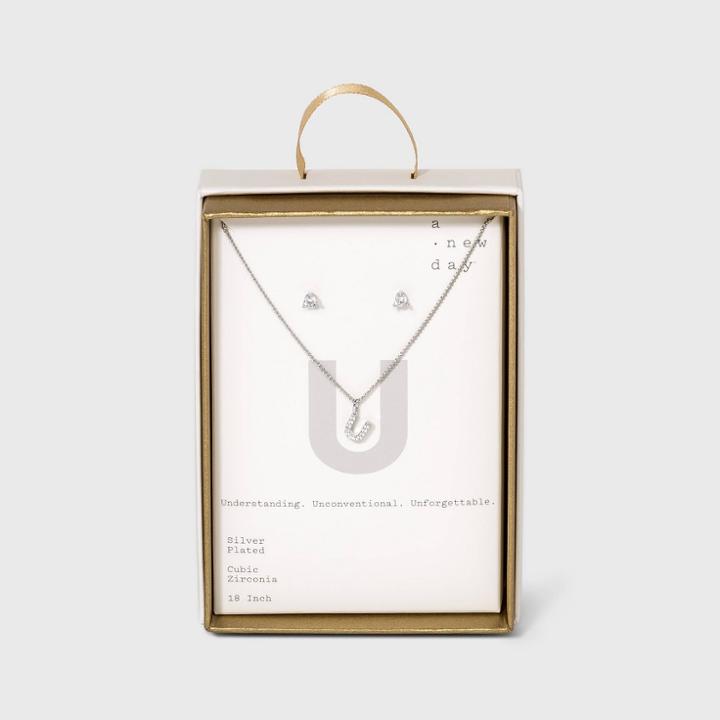 Silver Plated Cubic Zirconia Pave Initial Pendant Necklace And Earring Set - A New Day Initial U