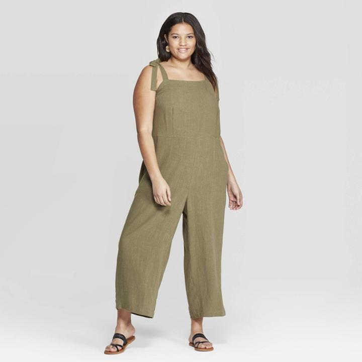 Women's Plus Size Sleeveless Square Neck Shoulder Tie Jumpsuit - Universal Thread Olive