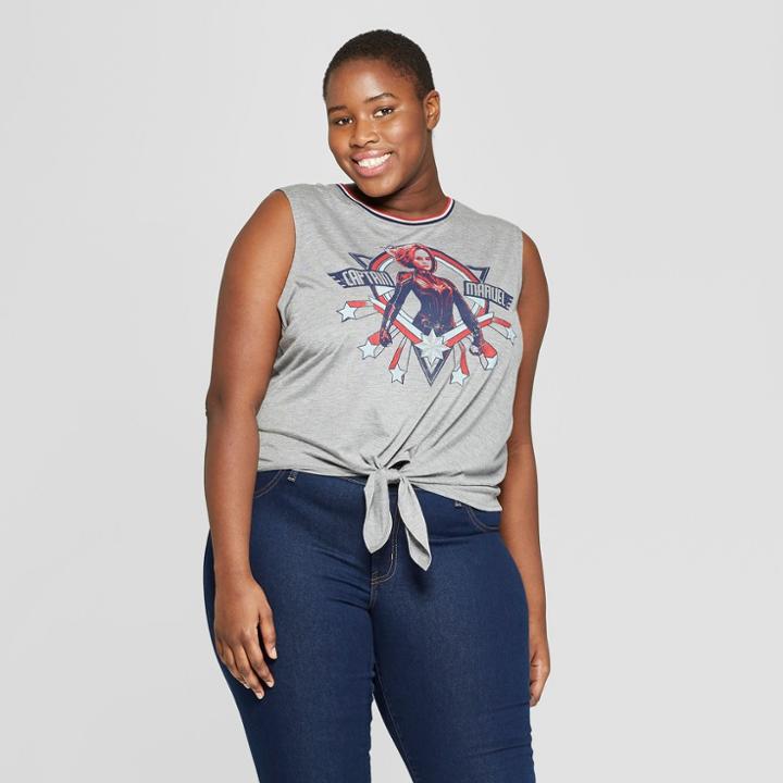 Women's Plus Size Captain Marvel Tie Front Graphic Tank Top (juniors') - Heather Gray