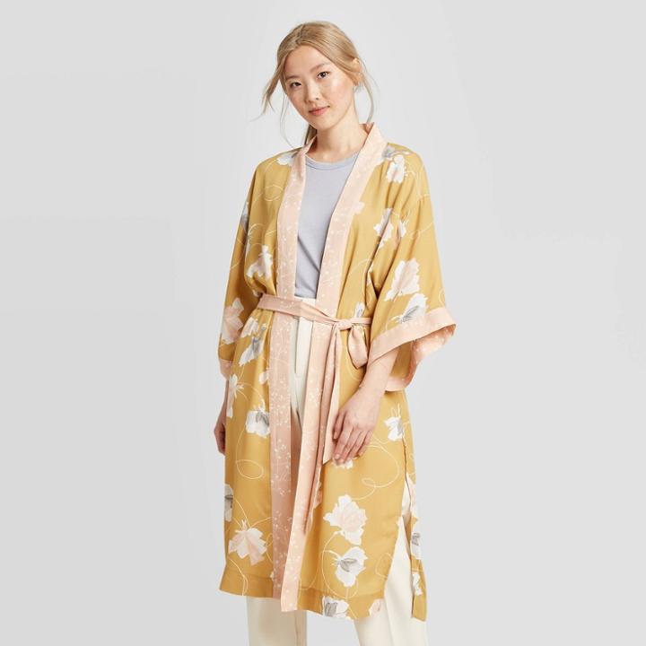Women's Floral Print Kimono - A New Day Brown One Size, Women's,