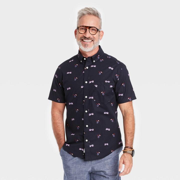 Men's Regular Fit Stretch Poplin Short Sleeve Button-down Shirt - Goodfellow & Co Deep Navy