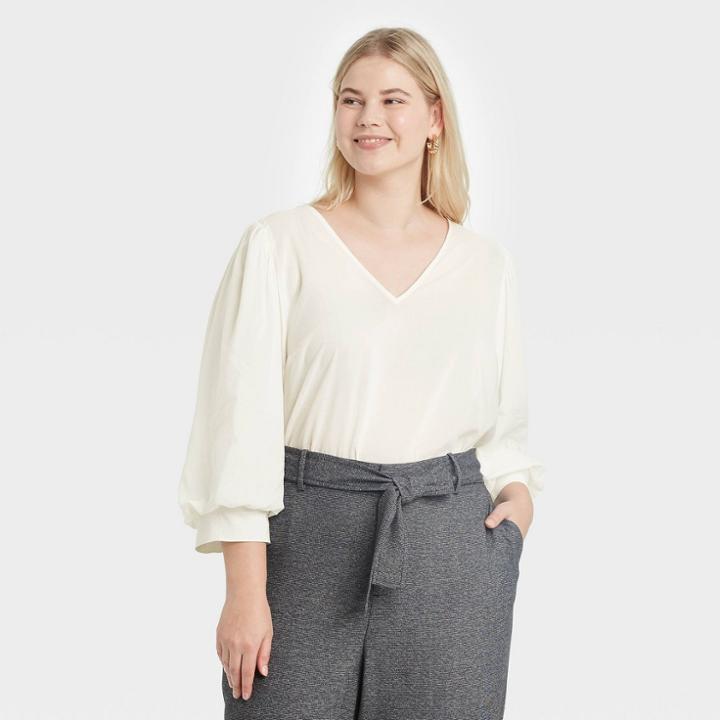 Women's Plus Size 3/4 Sleeve Voile Top - A New Day Cream