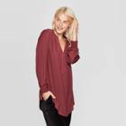 Women's Long Sleeve V-neck Woven Tunic - A New Day Burgundy