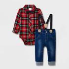 Baby Boys' Plaid Denim Suspender Set With Bowtie - Cat & Jack Red Newborn