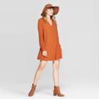 Women's Argyle Print Long Sleeve V-neck Woven Mini Dress - A New Day Rust L, Size: