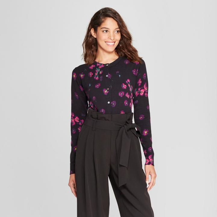 Women's Floral Crewneck Cardigan - A New Day Black M,