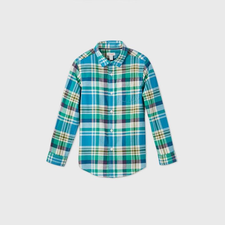 Boys' Long Sleeve Button-down Poplin Plaid Shirt - Cat & Jack Blue/green