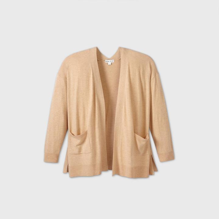 Women's Plus Size Open Neck Lightweight Cardigan - Ava & Viv Tan
