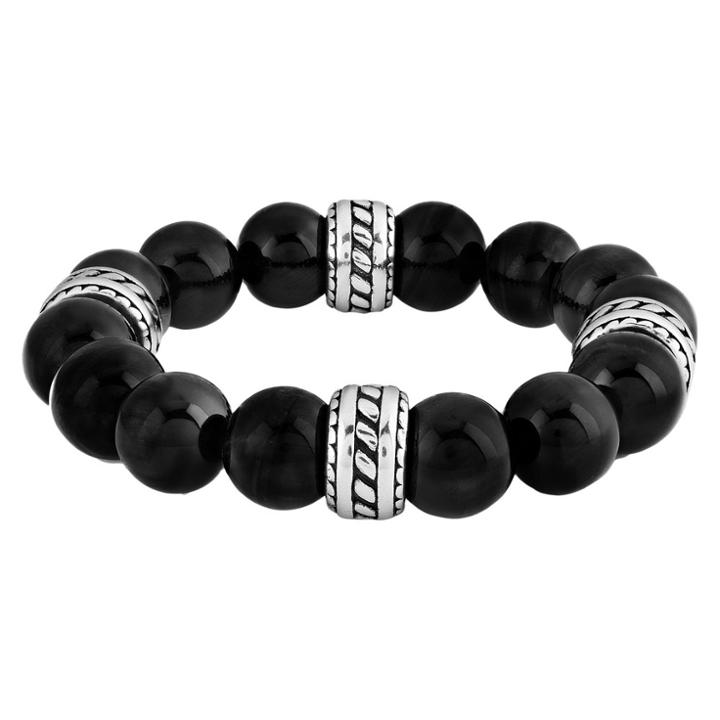 West Coast Jewelry Women's Natural Stone Beaded Stretch Bracelet With Steel - Black Onyx -