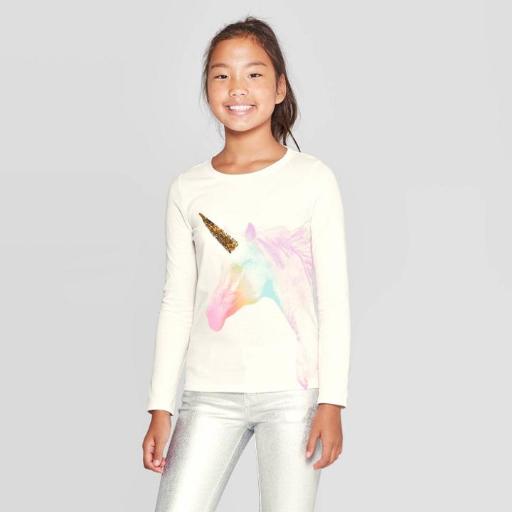 Girls' Long Sleeve Flip Sequin Unicorn T-shirt - Cat & Jack Cream Xs, Girl's, White