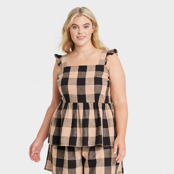 Women's Plus Size Ruffle Short Sleeve Tank Top - Who What Wear Black Checker