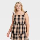 Women's Plus Size Ruffle Short Sleeve Tank Top - Who What Wear Black Checker