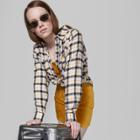 Women's Plaid Long Sleeve Flannel Cropped Button-down Shirt - Wild Fable Ivory