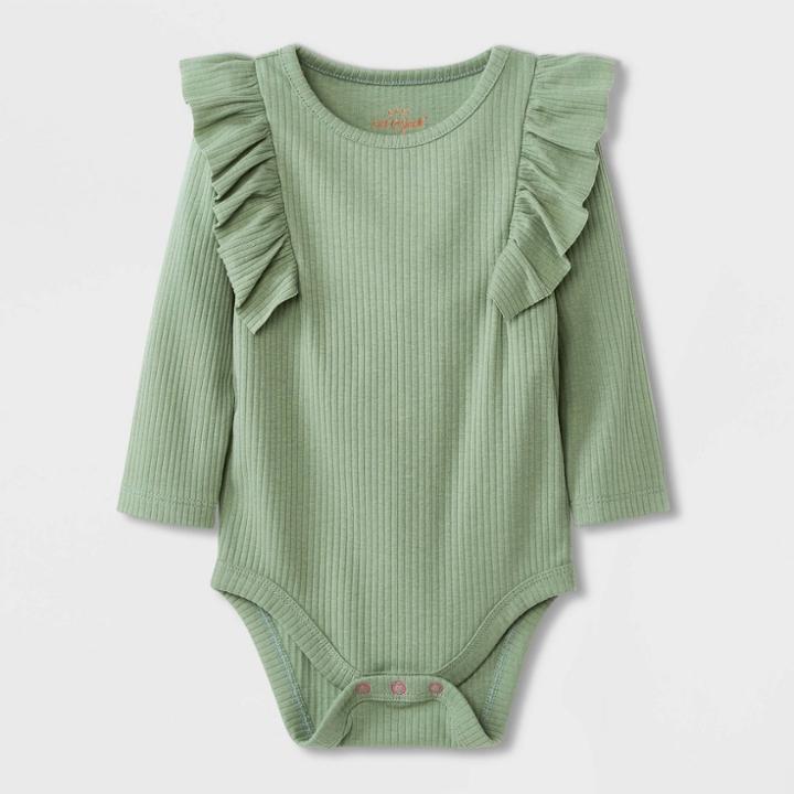 Baby Girls' Ruffle Rib Long Sleeve Bodysuit - Cat & Jack Sage Green Newborn