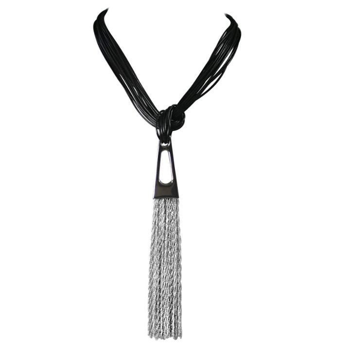 Zirconmania Zirconite Multi-strand Leather With Geometrical Metal Design Tassel Necklace - 20 - Black/silver