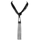Zirconmania Zirconite Multi-strand Leather With Geometrical Metal Design Tassel Necklace - 20 - Black/silver