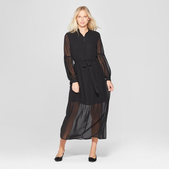 Women's Polka Dot Long Sleeve Belted Maxi Dress - Who What Wear Black/white