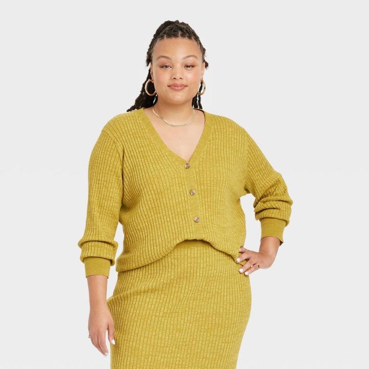Women's Plus Size Ribbed Cardigan - Ava & Viv Green X