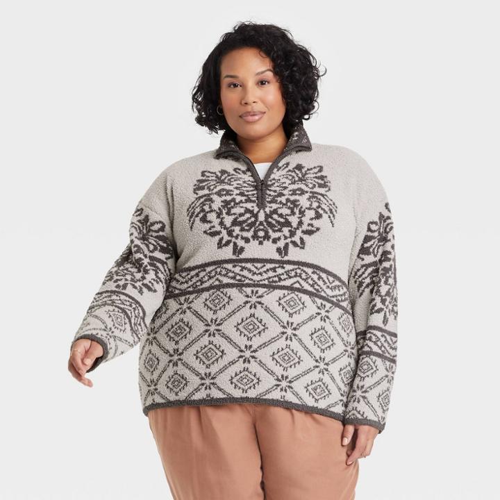 Women's Plus Size Mock Turtleneck Quarter Zip Damask Pullover Sweater - Knox Rose Gray