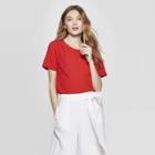 Women's Floral Print Short Sleeve Crewneck Pindot Woven Top - A New Day Red