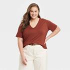 Women's Plus Size Short Sleeve V-neck Drapey T-shirt - A New Day Brown