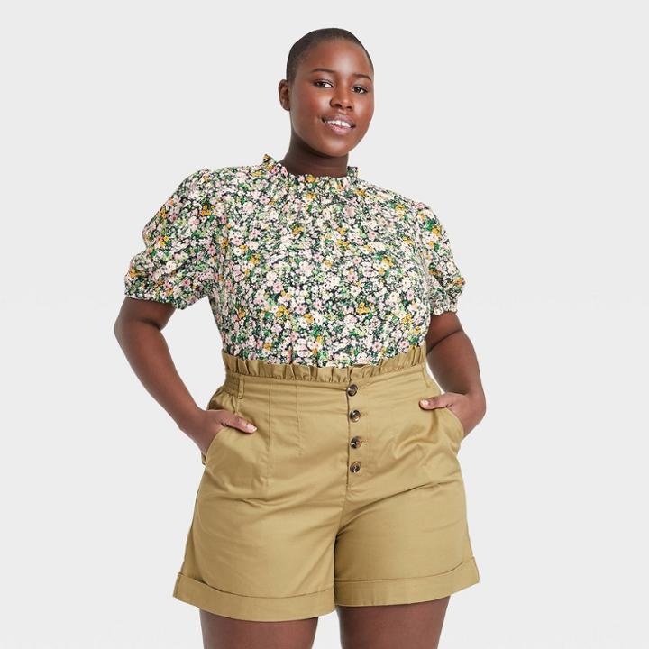 Women's Plus Size Floral Print Puff Elbow Sleeve Blouse - Who What Wear Green
