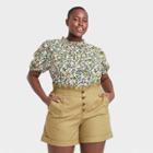 Women's Plus Size Floral Print Puff Elbow Sleeve Blouse - Who What Wear Green