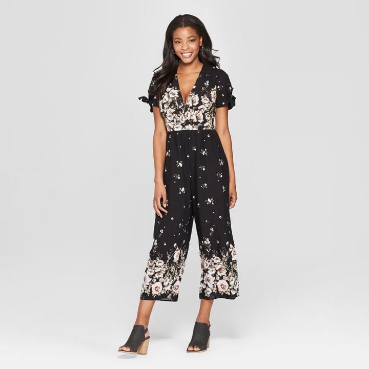 Women's Floral Print Short Sleeve V-neck Button Front Jumpsuit - Xhilaration