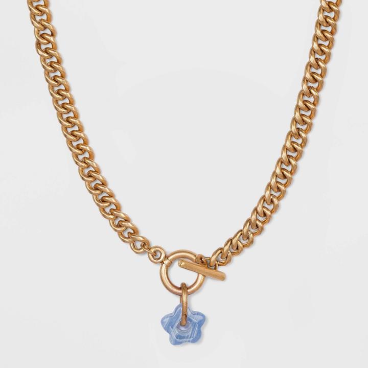Blue Lace Agate Semi-precious Charm Toggle Chain Necklace - Universal Thread Worn Gold