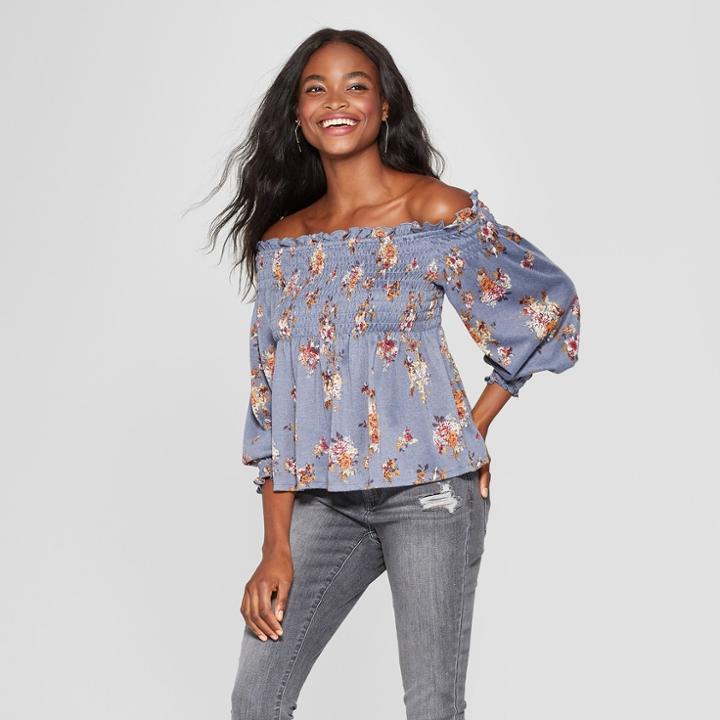 Women's Long Sleeve Floral Knit Off The Shoulder Top - Xhilaration Blue