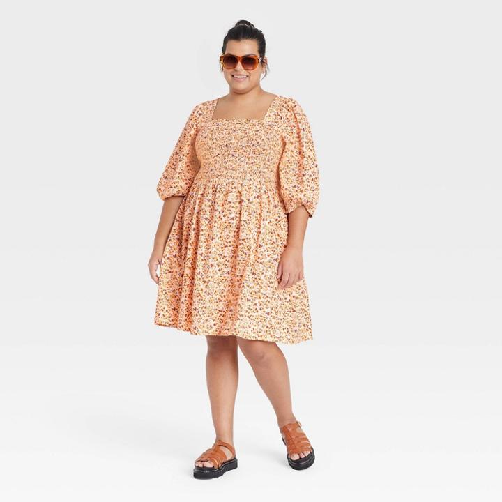 Women's Plus Size Puff Elbow Sleeve Smocked Dress - Ava & Viv Orange X