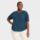 Women's Plus Size Bird Print Short Sleeve Button-front Blouse - Universal Thread Navy