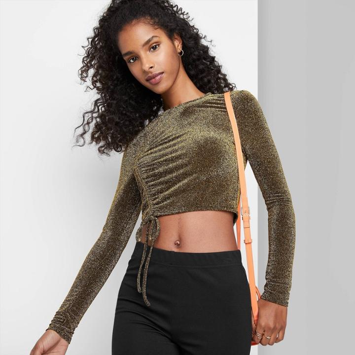 Women's Long Sleeve Slim Fit Ruched Cropped T-shirt - Wild Fable Black/gold