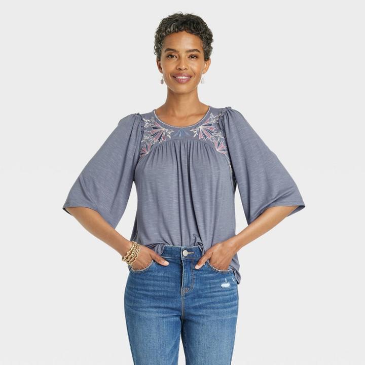 Women's Flutter Elbow Sleeve Embroidered Top - Knox Rose Gray