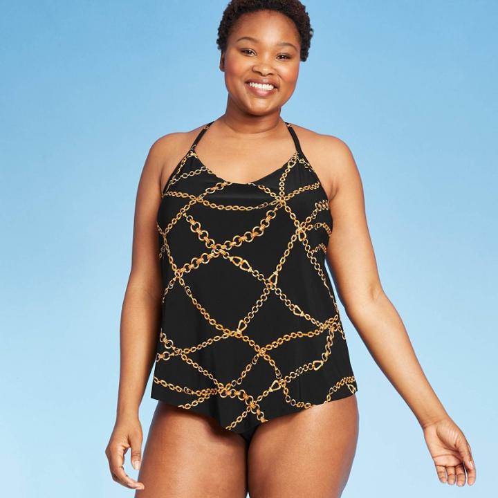 Women's Drape Neck Tankini Top - Aqua Green Black M, Women's,